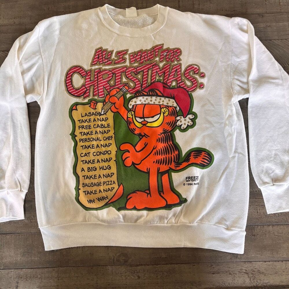 Garfield 90's Christmas Sweater Sweatshirt All I Want For Christmas Freeze Sz XL
